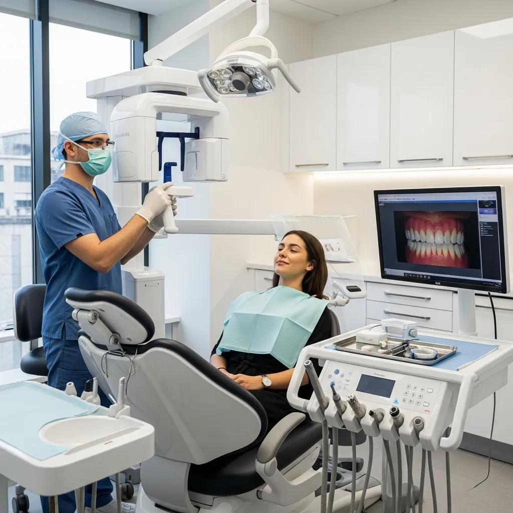 Modern exam room with advanced dental technology and a friendly dentist