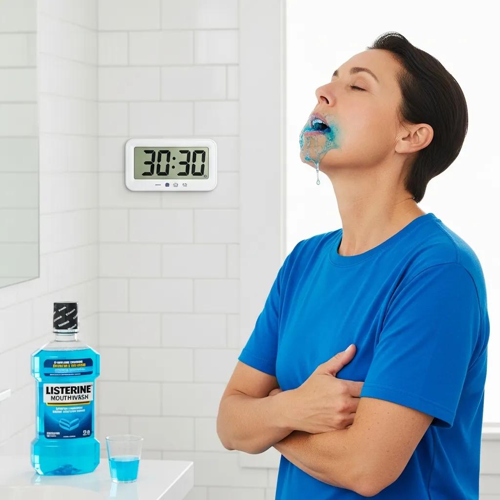 Demonstration of proper mouthwash use in a clean bathroom setting