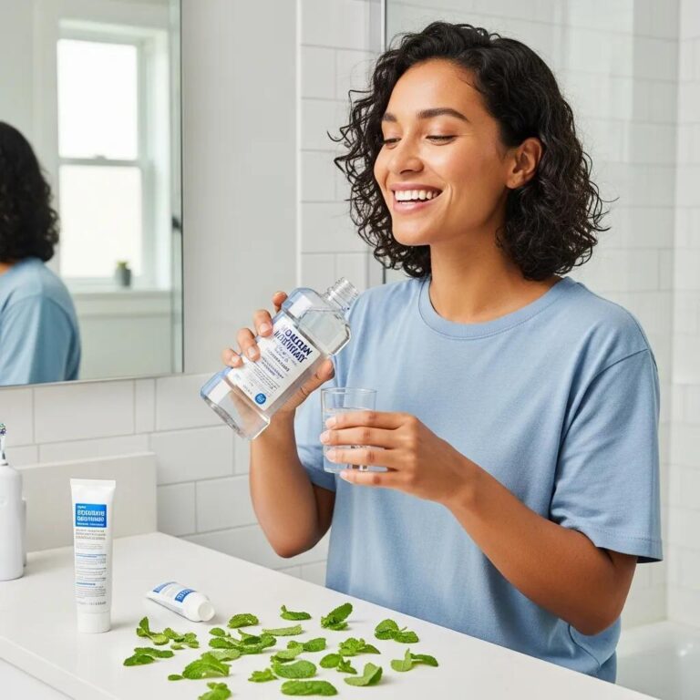 Person using mouthwash in a bright bathroom, emphasizing oral hygiene and freshness