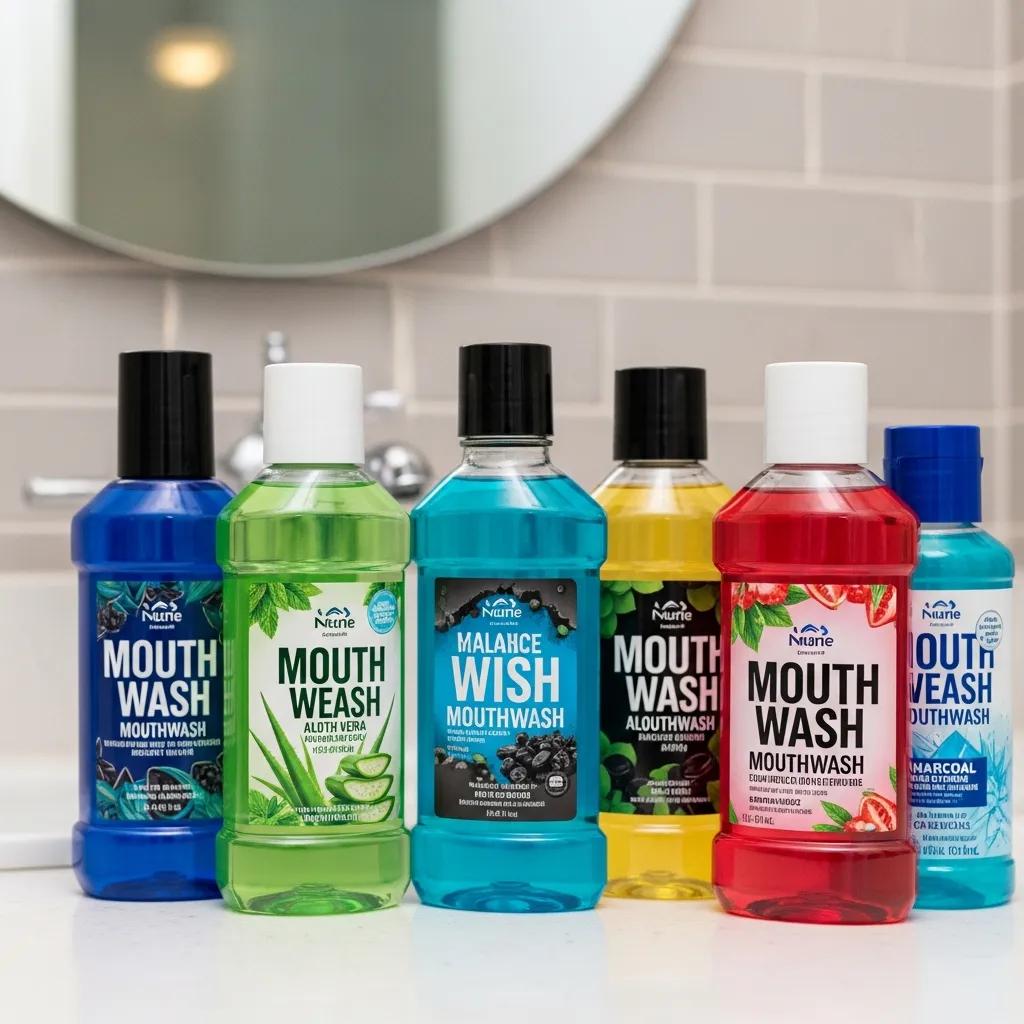 Assortment of mouthwash bottles showing different types and benefits