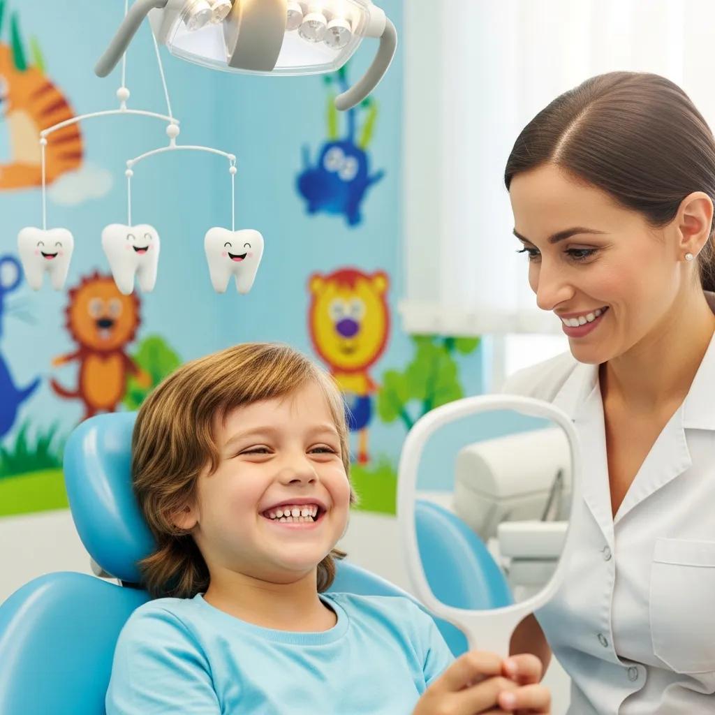 Child smiling in a dental chair after a gentle, age-appropriate cosmetic treatment