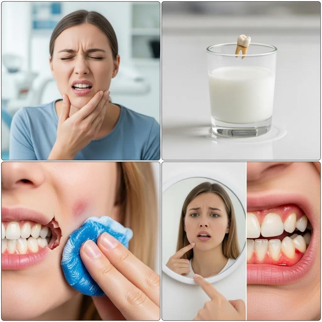 Collage of common dental emergencies including severe toothache, knocked-out tooth, and broken tooth