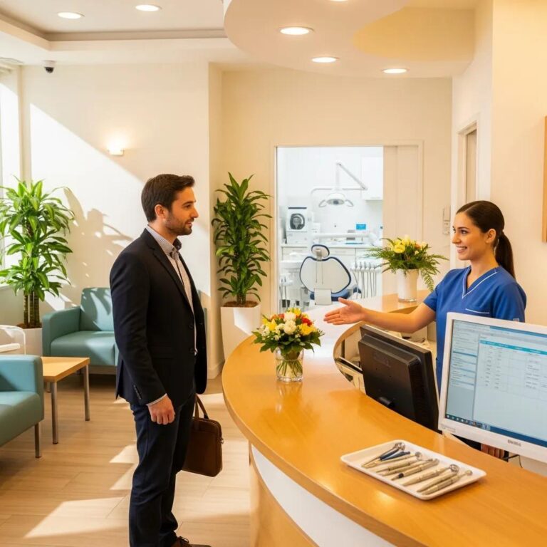 Blog Dental clinic reception area with a welcoming dental professional and visible dental tools