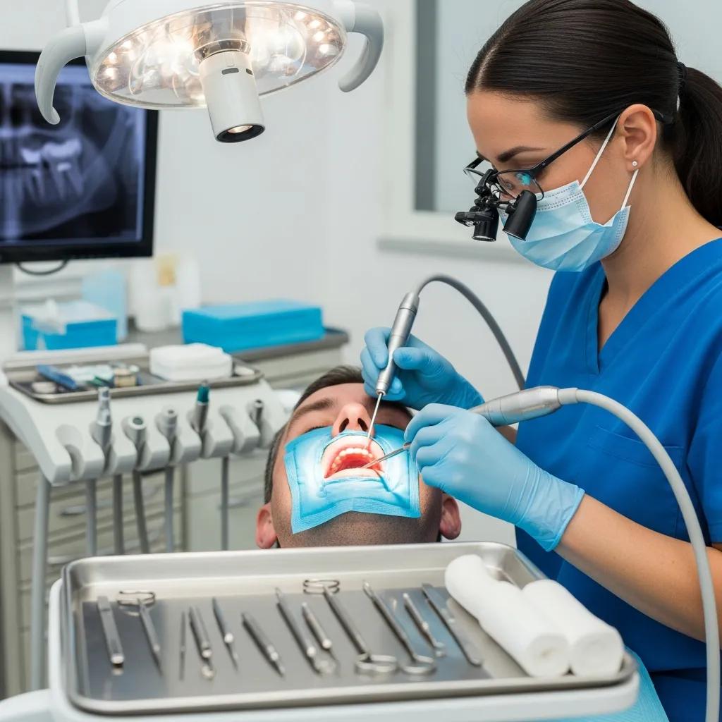 Dentist performing an emergency dental procedure on a patient in a dental chair