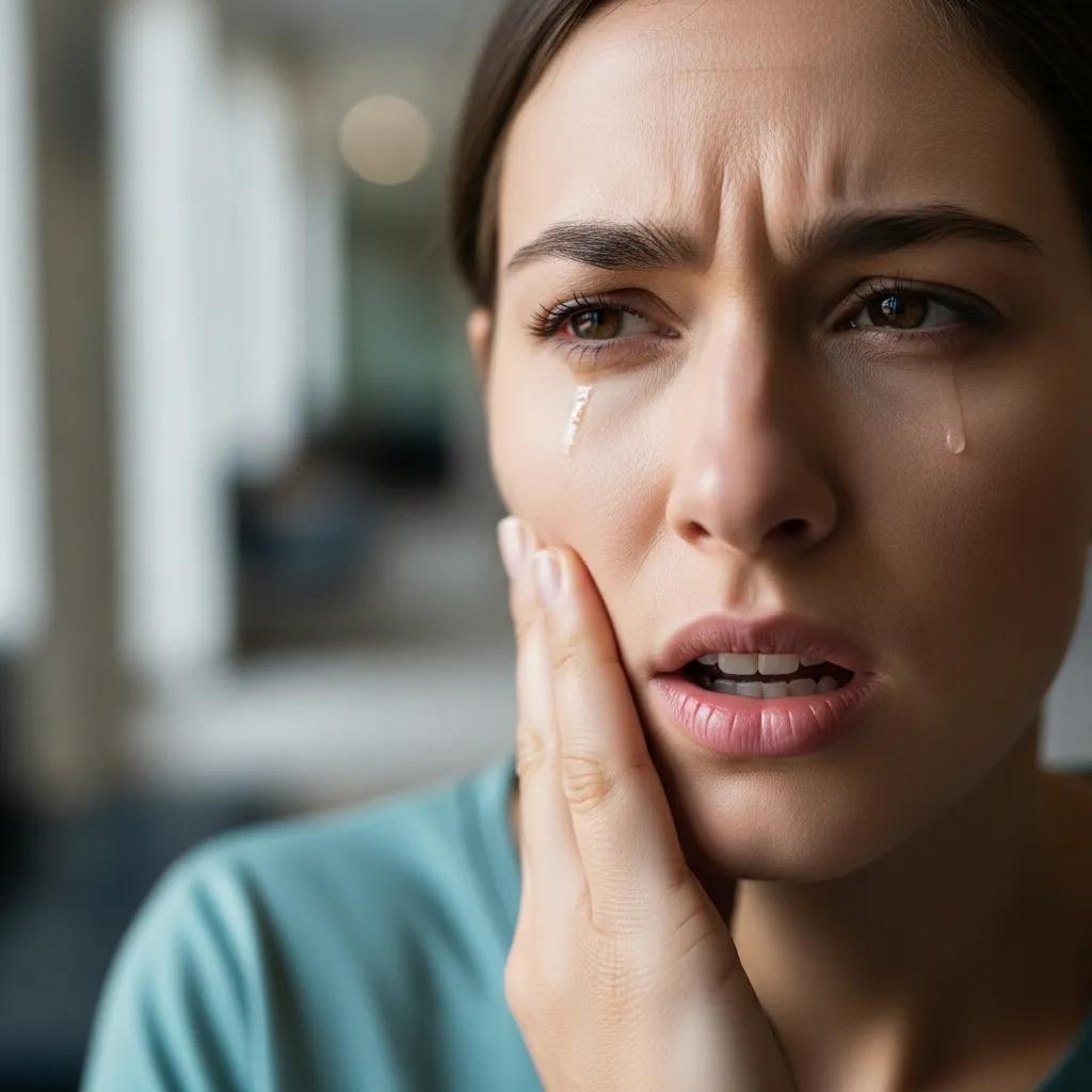 Person experiencing severe dental pain, holding their jaw with a concerned expression