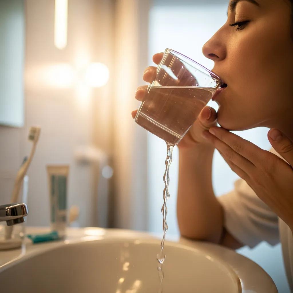 Person rinsing mouth with warm water after breaking a tooth, emphasizing first aid steps
