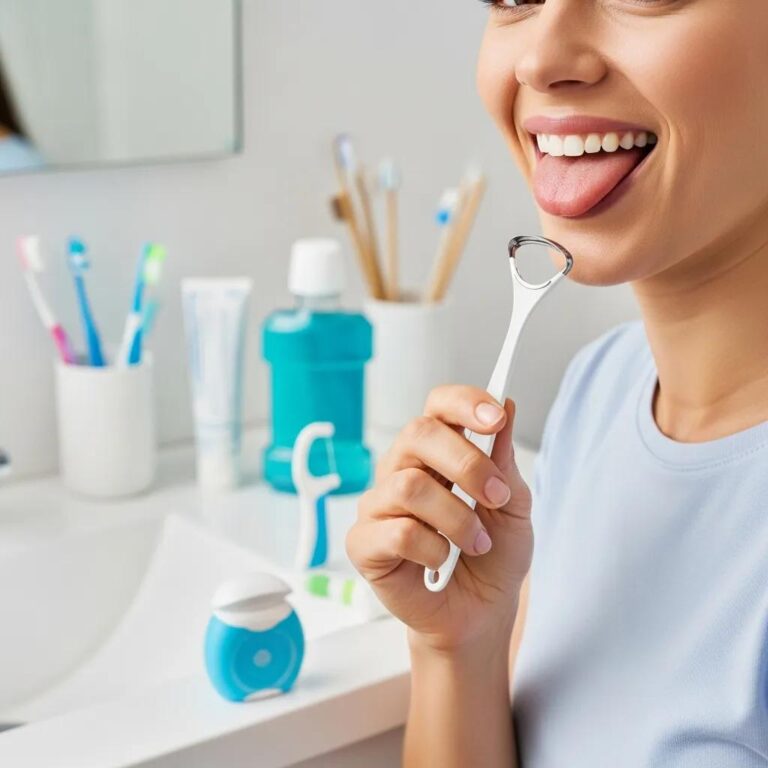 Blog Person using a tongue scraper in a bright bathroom, highlighting oral hygiene benefits