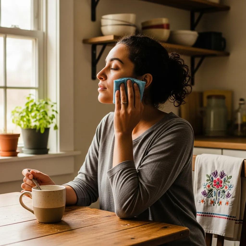 Person using home remedies for tooth pain relief in a cozy kitchen environment
