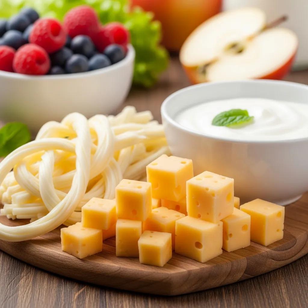 Selection of dairy snacks like string cheese, cheese cubes, and plain yogurt that support enamel health