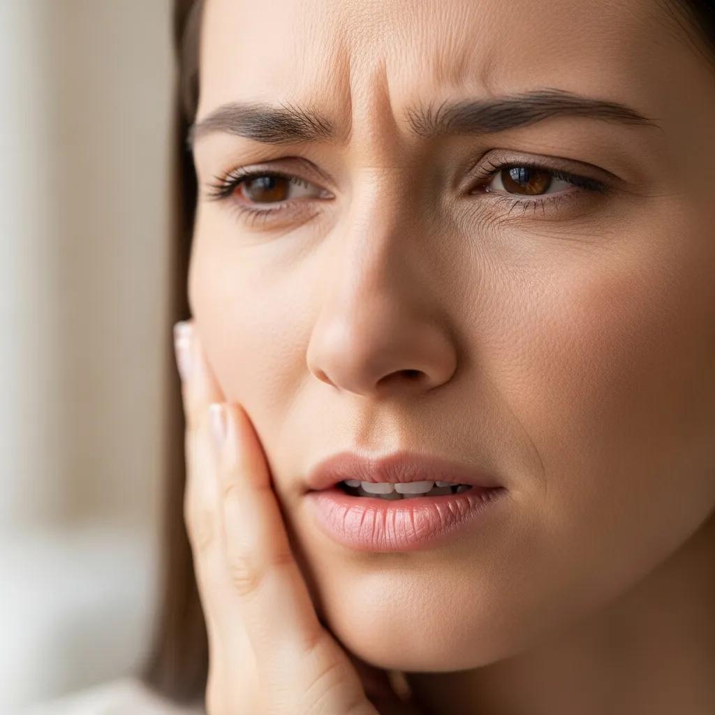 Close-up of someone showing jaw discomfort to highlight common TMJ symptoms and emotional impact