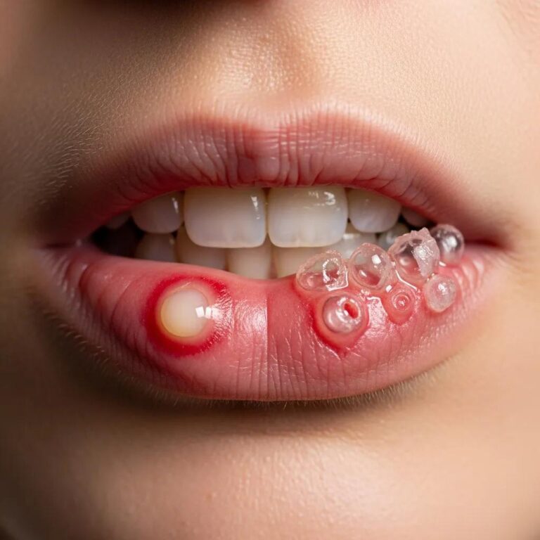 Close-up of canker sores and cold sores in a person's mouth, illustrating the differences between oral lesions