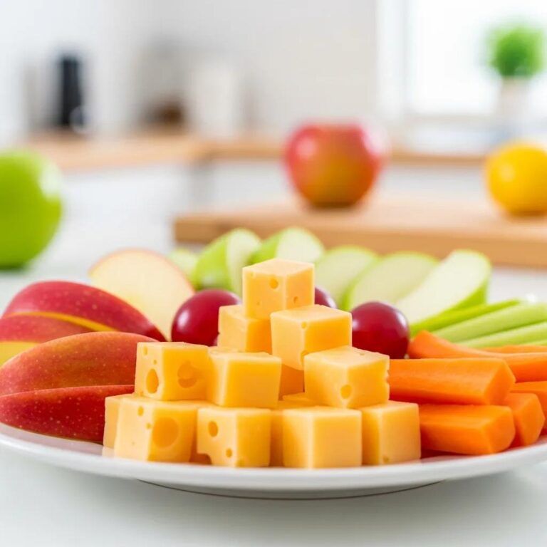 Colorful plate of healthy snacks for kids including cheese, apples, and carrots promoting dental health