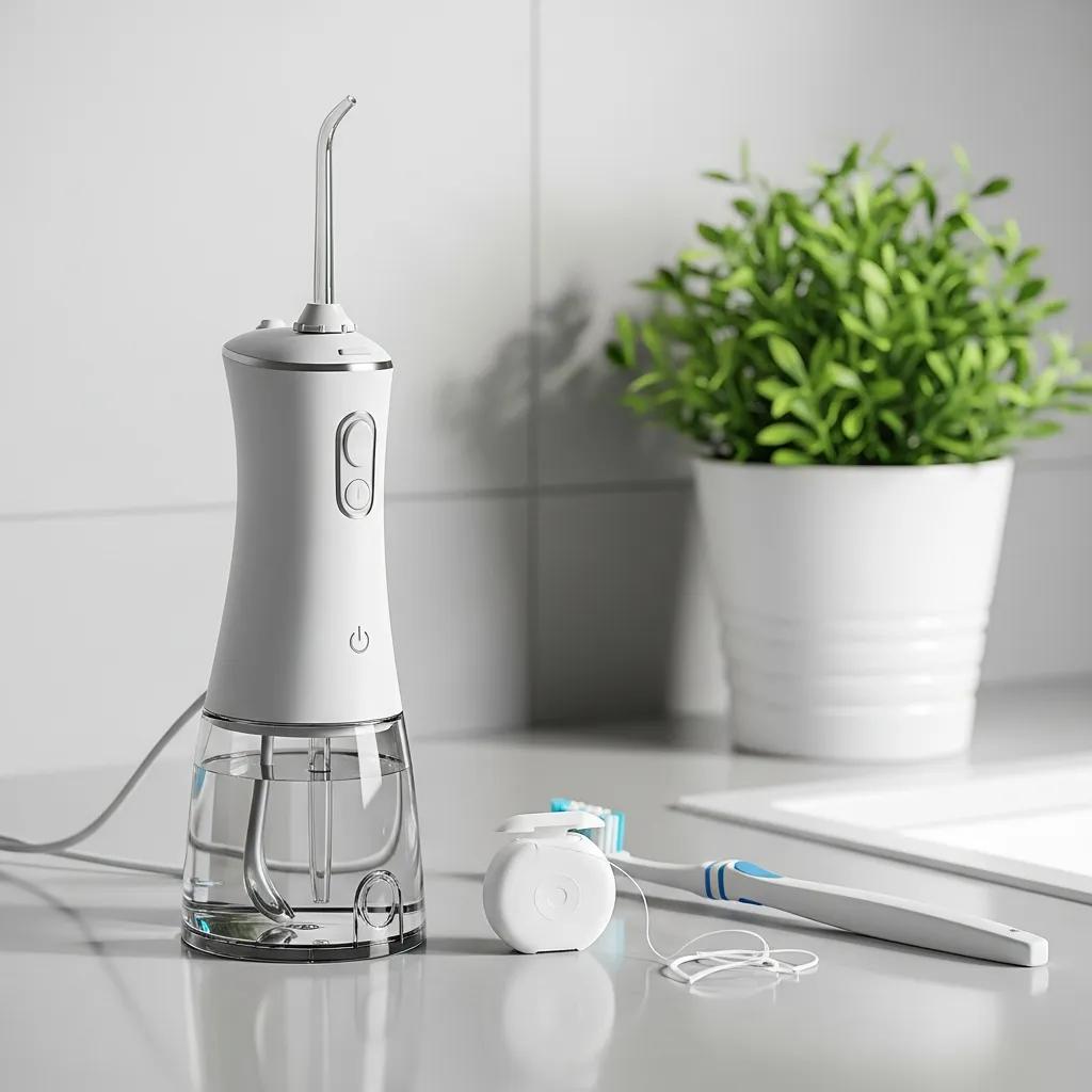Comparison of a water flosser and traditional dental floss on a bathroom countertop, highlighting oral hygiene tools