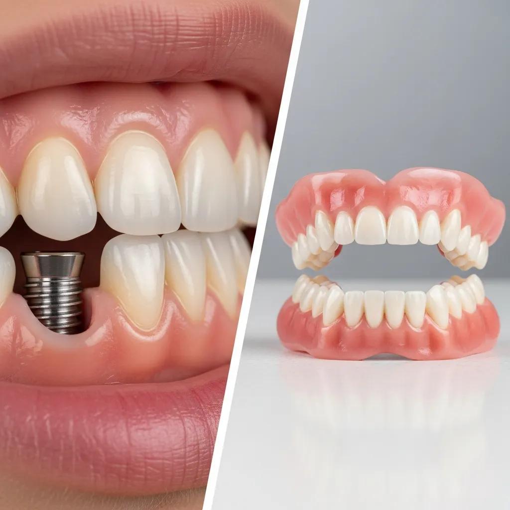 Side-by-side comparison showing the natural look and fit of dental implants versus dentures