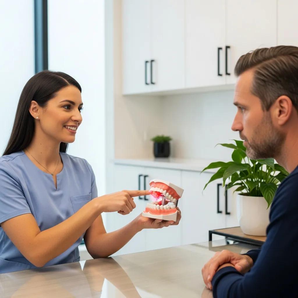 Dentist explaining TMJ treatment options to a patient, showing patient-centered care