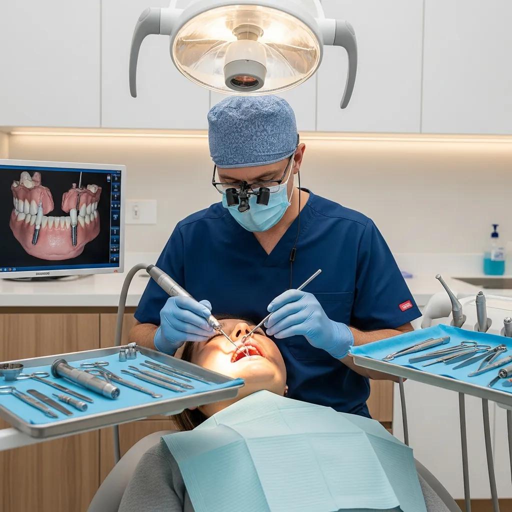 Dental clinician preparing for an implant procedure in a comfortable treatment room