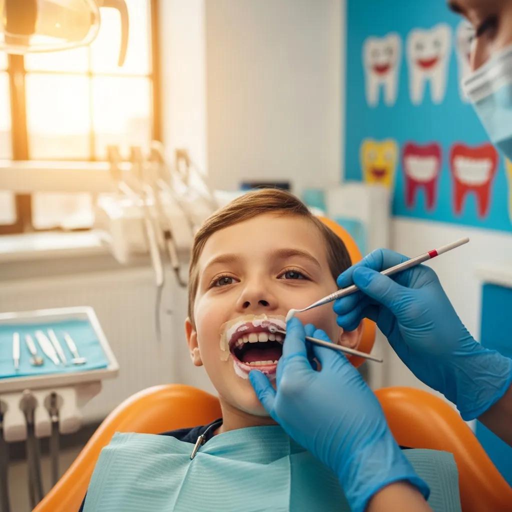 Dentist gently applying a fluoride treatment to a child to show preventive care