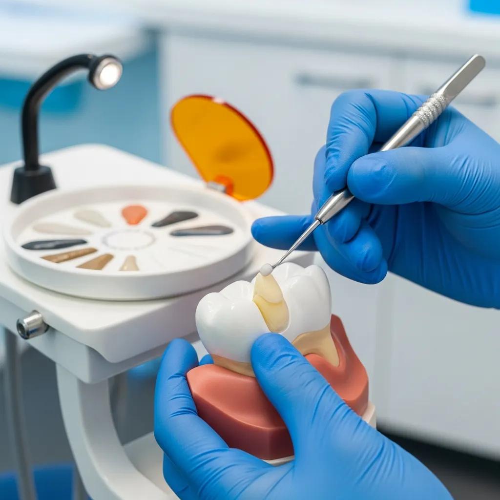 Emergency Dental Care: Broken Tooth Repair in Markham A dentist demonstrating dental bonding on a model tooth in our clinical setting