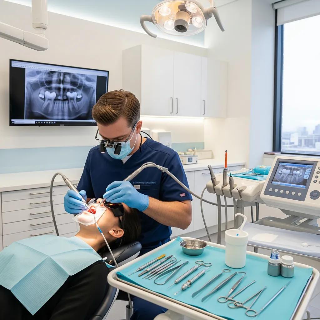 Dentist performing root canal treatment, highlighting emergency dental services
