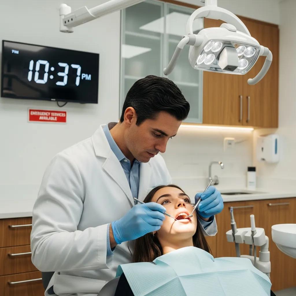 Dentist providing after-hours emergency dental care to a patient in a modern clinic