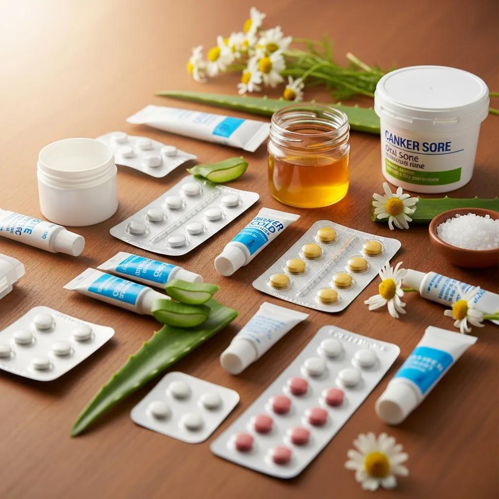 Treatment options displayed: topical ointments, pain relief, and supportive care for mouth sores