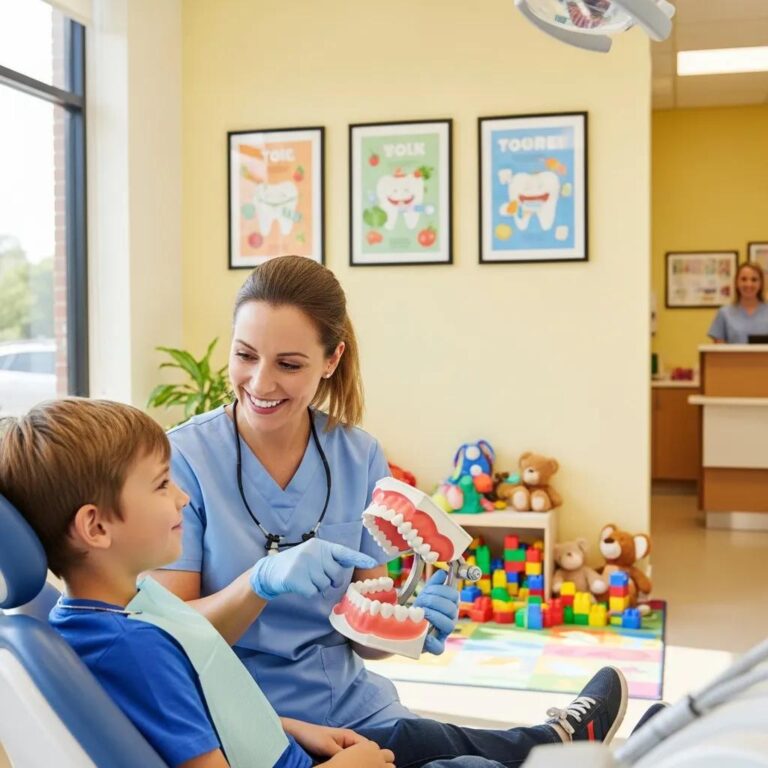 Family dentist interacting with a child in a welcoming dental clinic