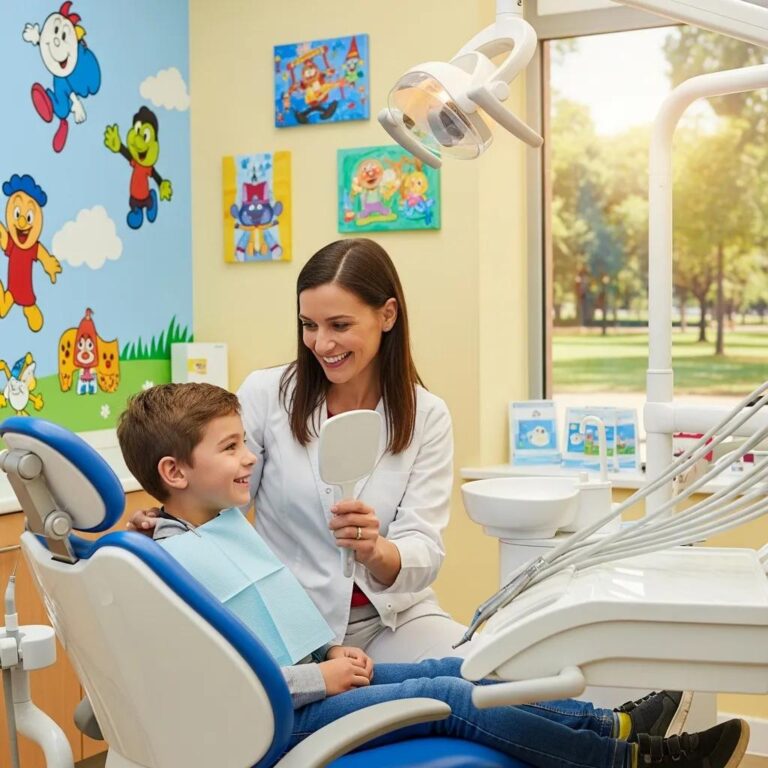 Family-friendly dental clinic with a dentist and child, highlighting compassionate dental care