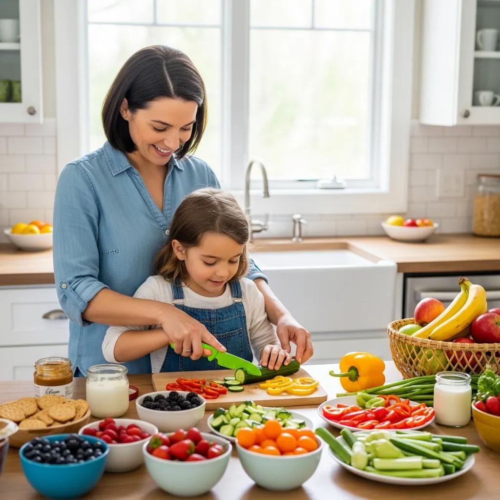 Parent and child preparing simple, healthy snacks together in the kitchen to encourage better eating habits