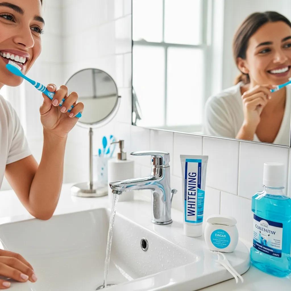 Person following post‑whitening oral care routine in a bright bathroom