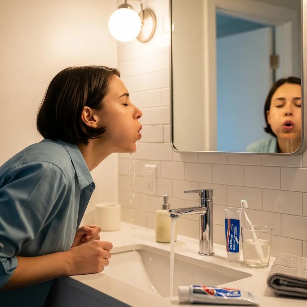 Person rinsing mouth with warm salt water as a first aid step for dental emergencies
