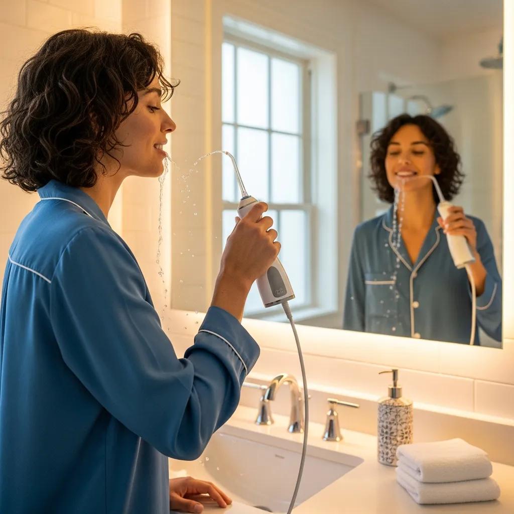Person using a water flosser in a bathroom sink, demonstrating an easy and gentle cleaning routine