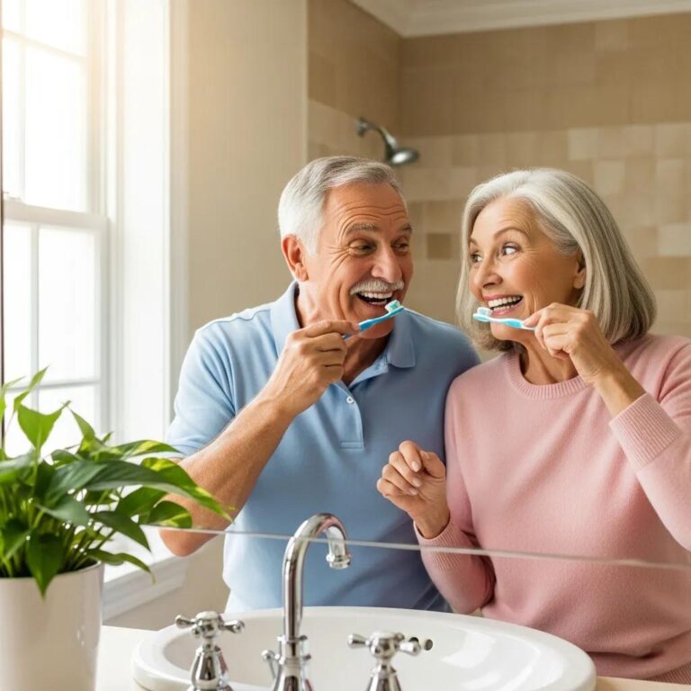 Senior couple brushing teeth together in a bright bathroom, emphasizing dental care for seniors