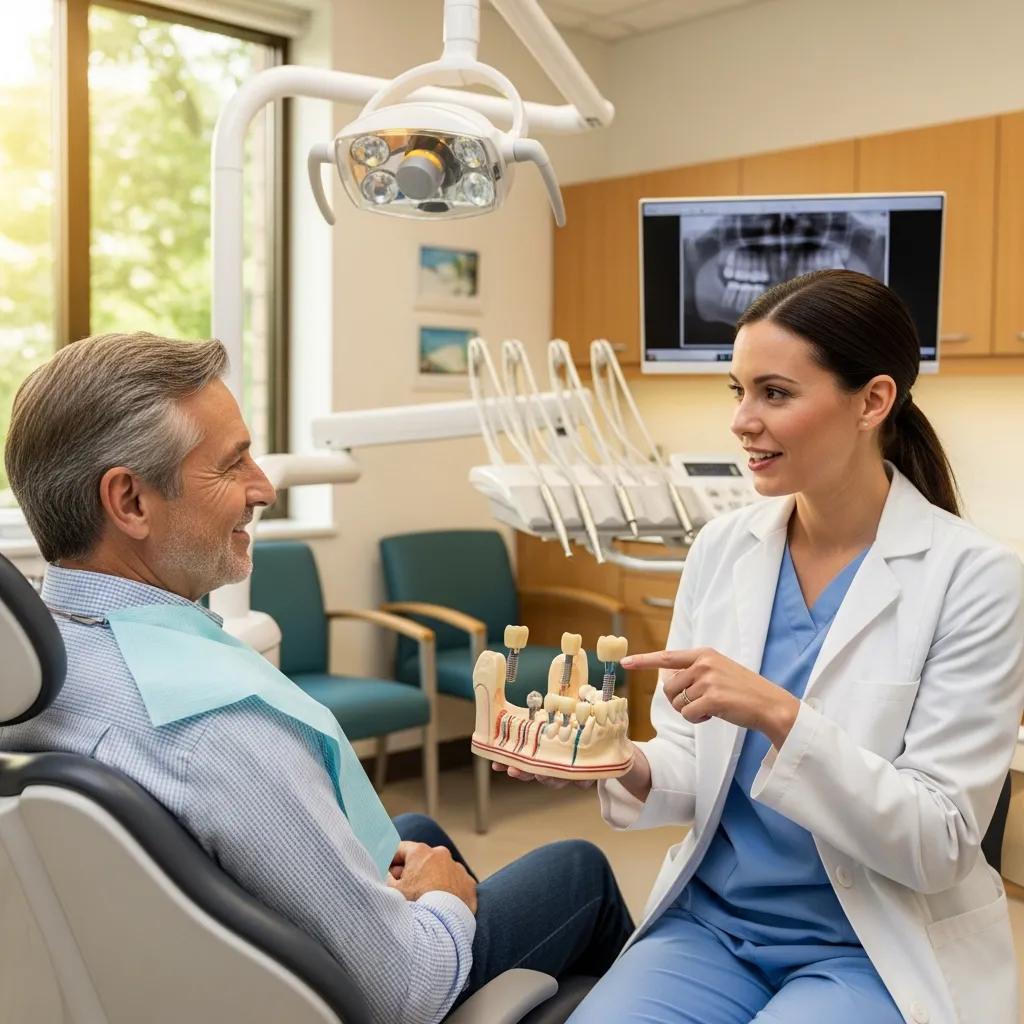 Senior man talking with dentist about implants in a friendly clinic &mdash; restorative dental options