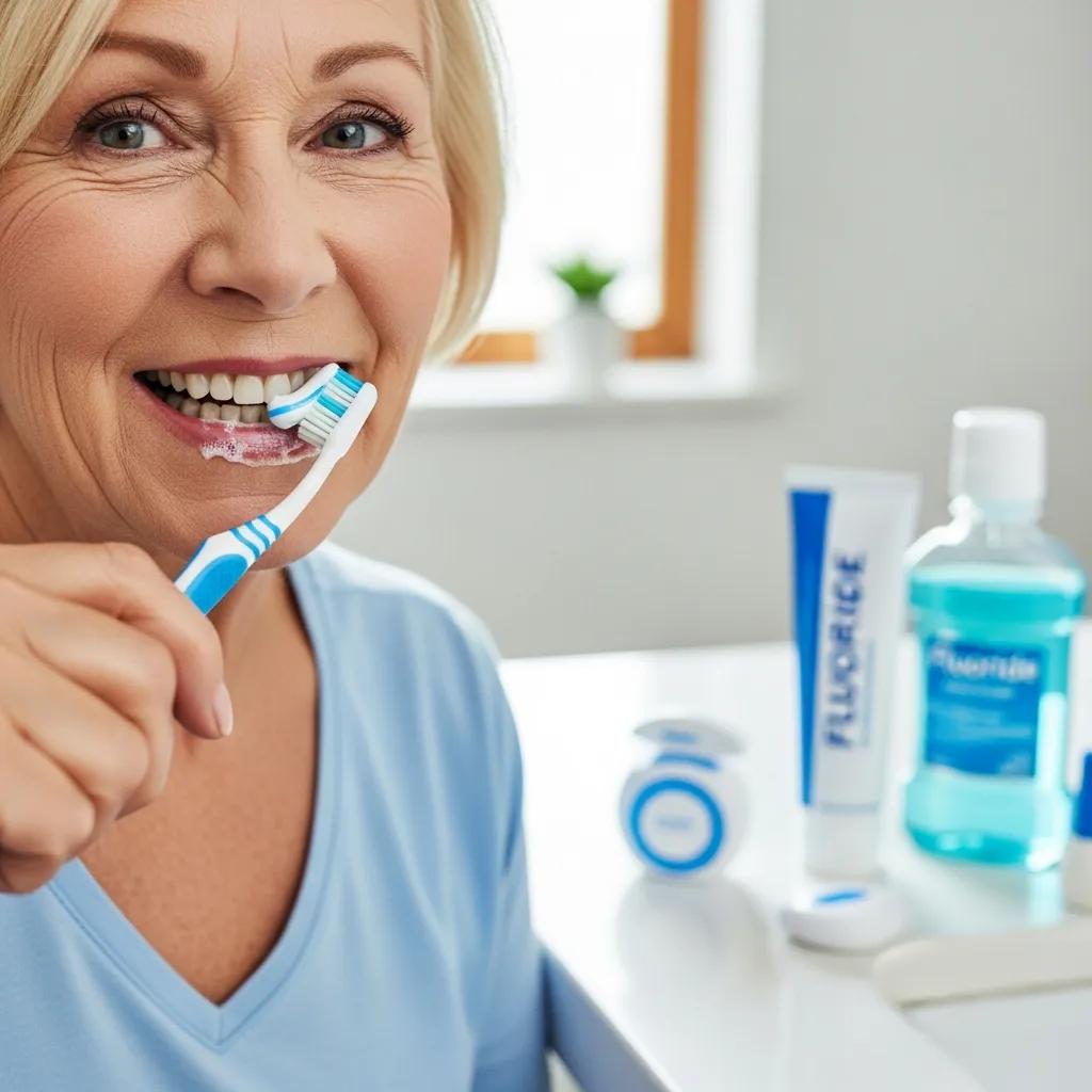 Senior woman brushing teeth gently with a soft toothbrush &mdash; senior preventive care