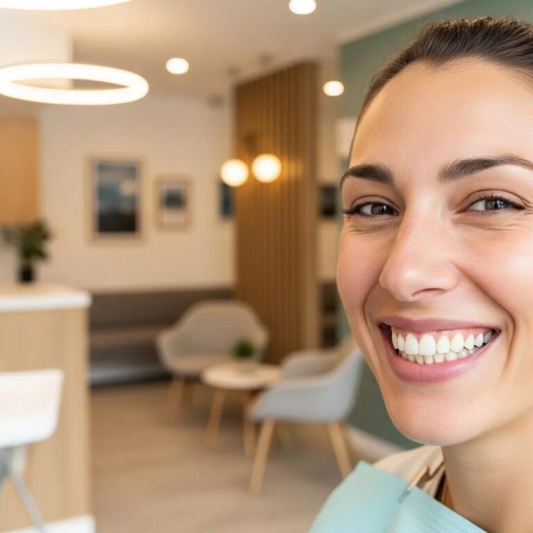 Blog Smiling person in a dental clinic representing the benefits of dental implants