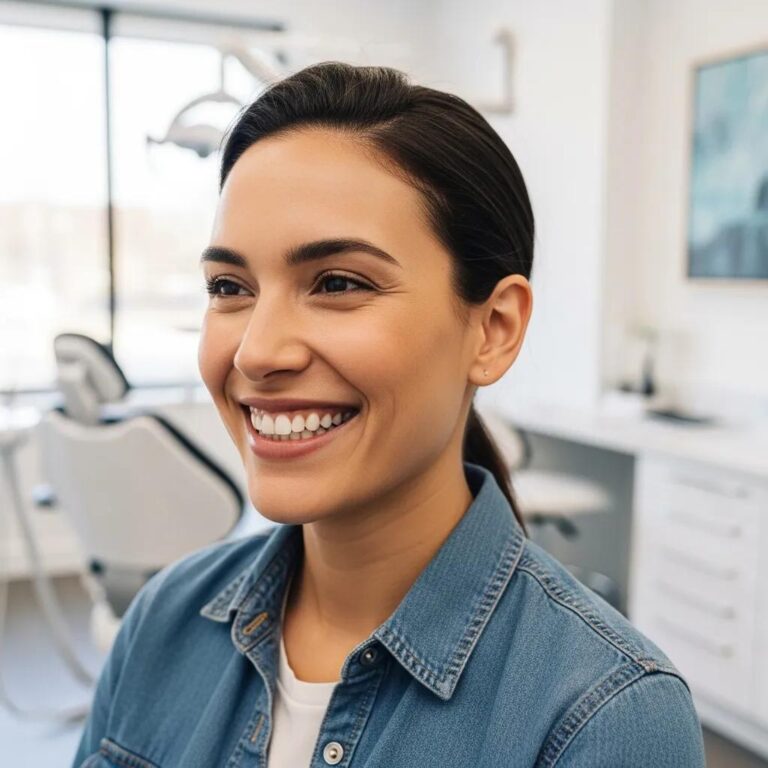 Home Unionville Gate Family Dentists Smiling person with dental implants in a bright dental office, showcasing confidence and natural appearance