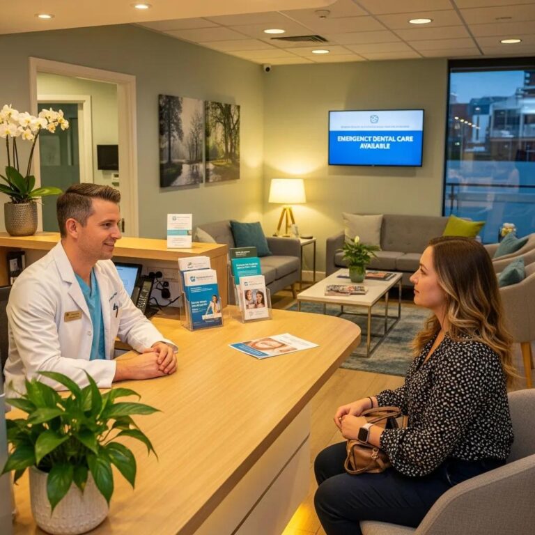 Blog Welcoming dental clinic reception with a dentist and patient discussing emergency care